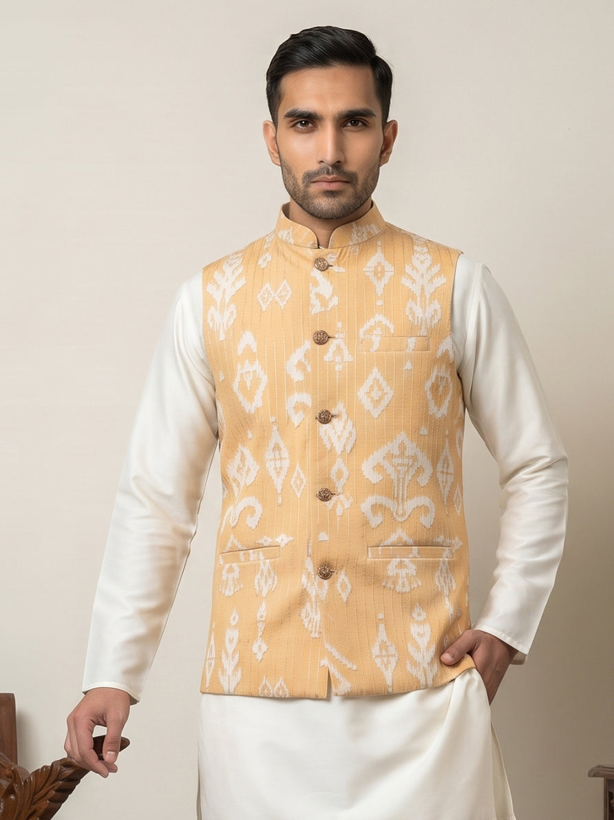 Men Ikat Printed Cotton Blend Nehru Jacket