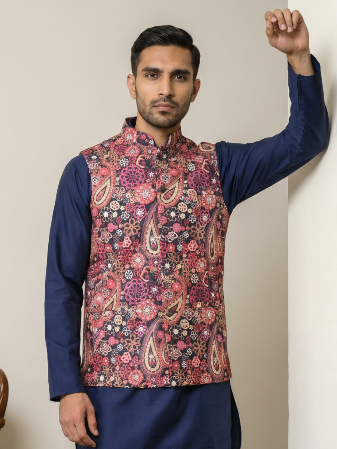 Paisley Floral Printed Cotton Blend Nehru Jacket