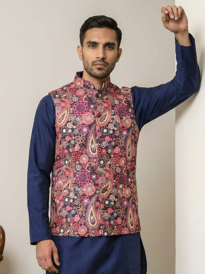 Paisley Floral Printed Cotton Blend Nehru Jacket