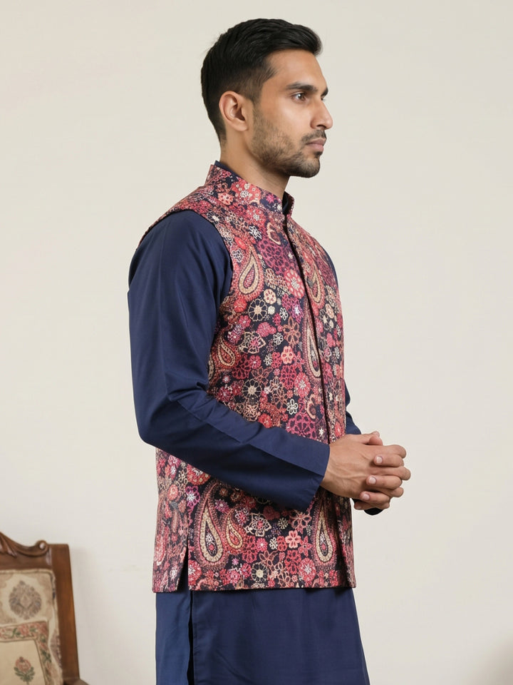 Paisley Floral Printed Cotton Blend Nehru Jacket