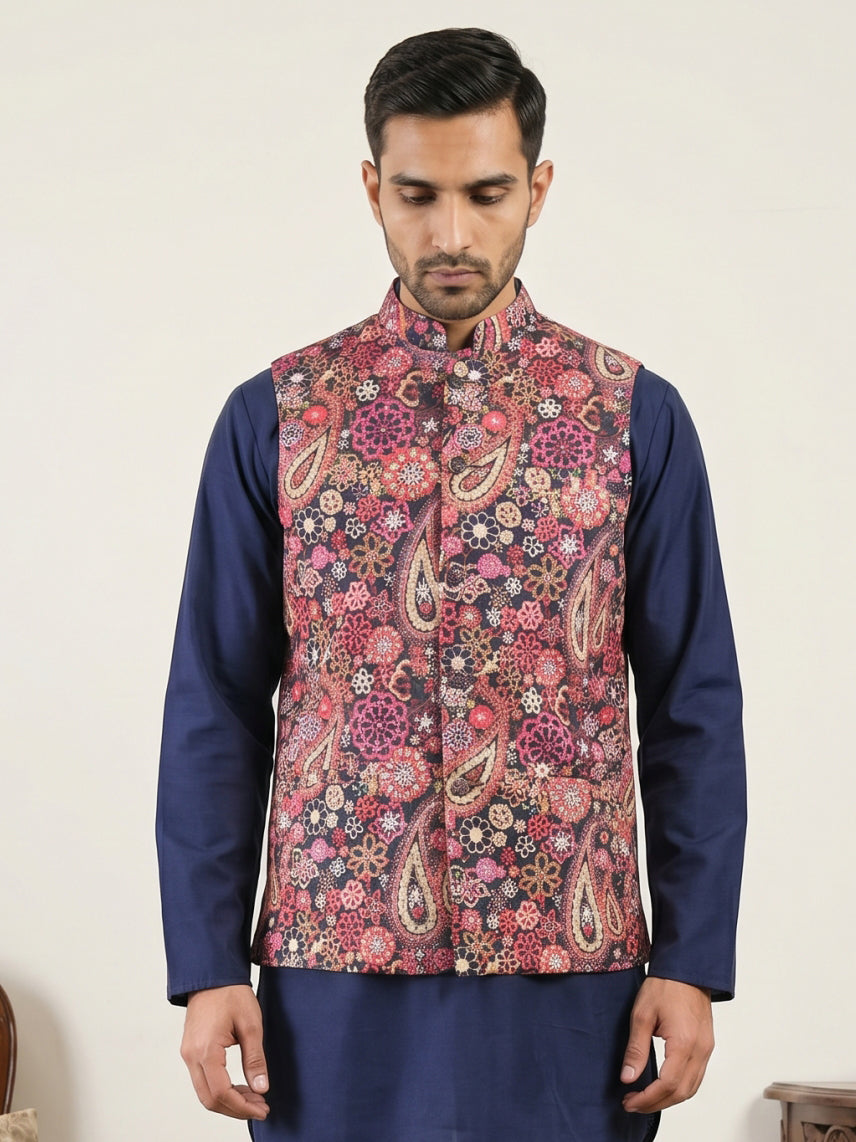 Paisley Floral Printed Cotton Blend Nehru Jacket