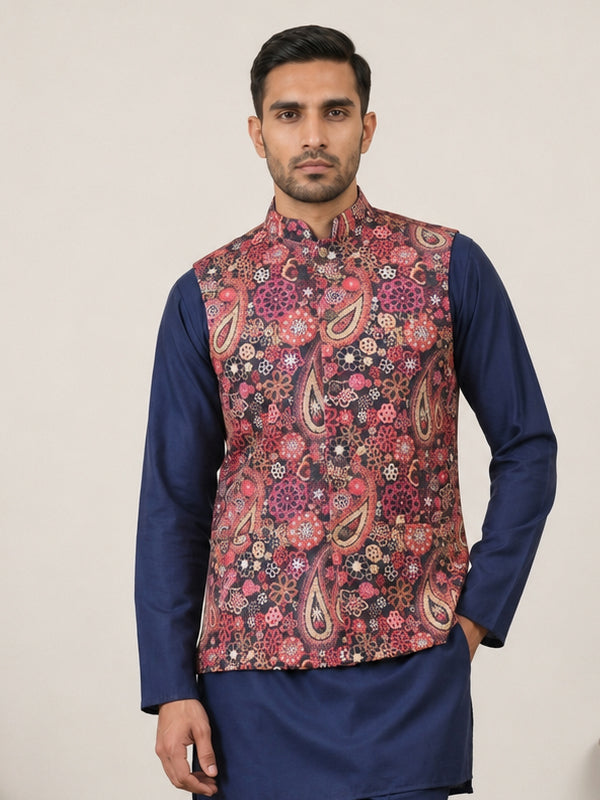 Paisley Floral Printed Cotton Blend Nehru Jacket