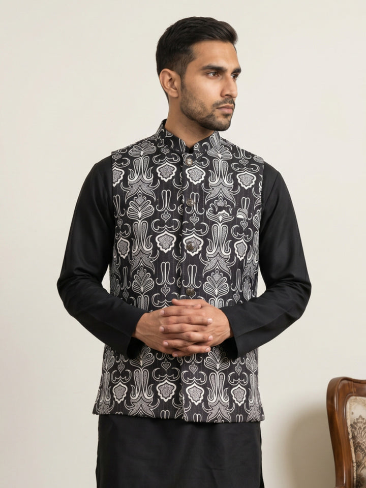 Geometric Motif Printed Cotton Blend Nehru Jacket