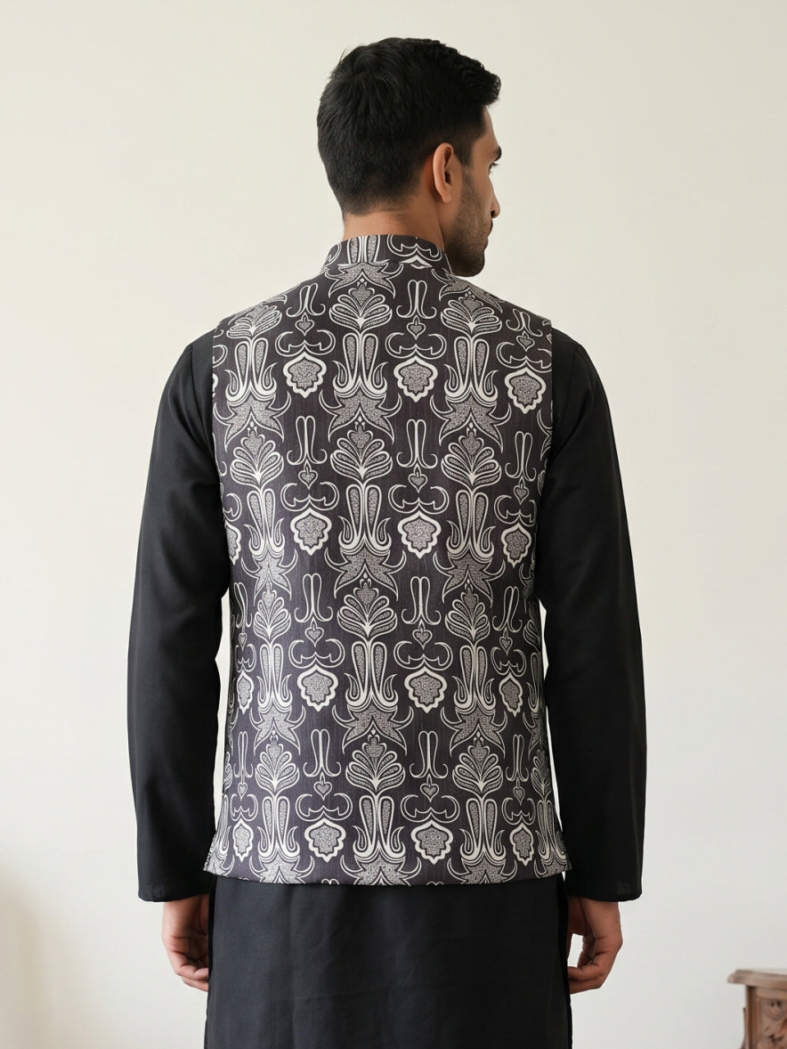Geometric Motif Printed Cotton Blend Nehru Jacket