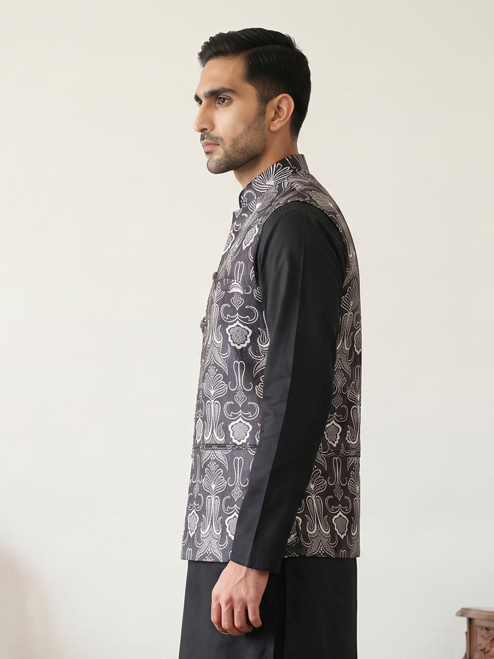 Geometric Motif Printed Cotton Blend Nehru Jacket