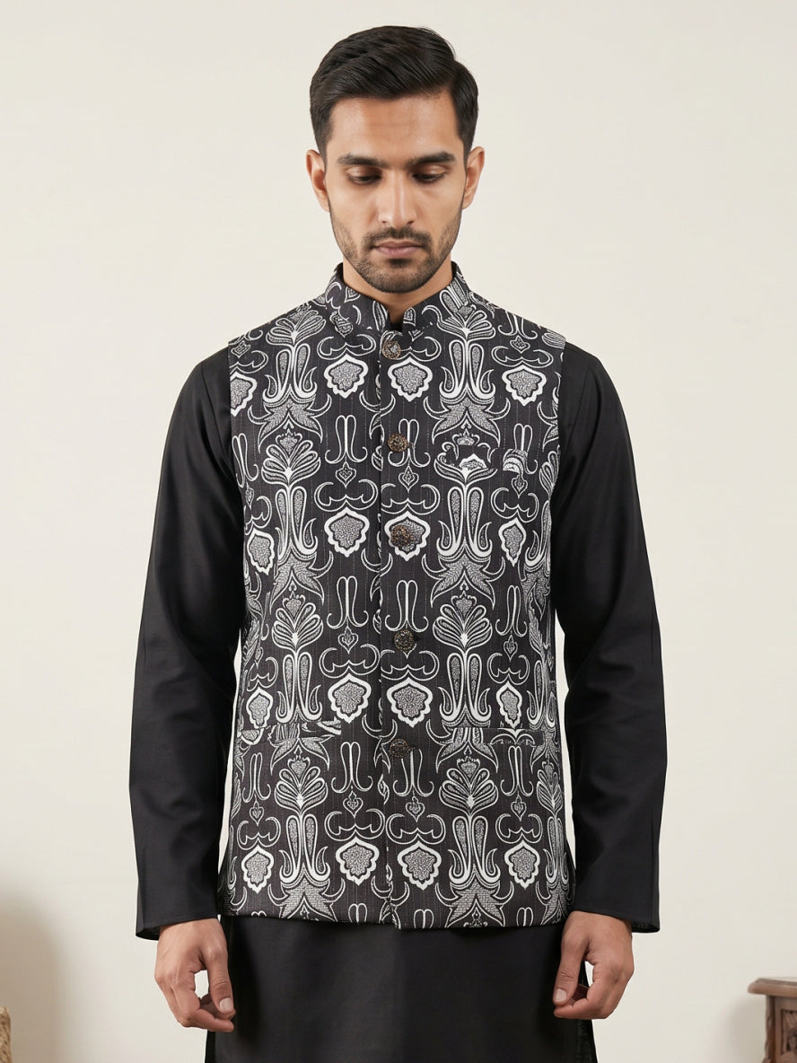 Geometric Motif Printed Cotton Blend Nehru Jacket
