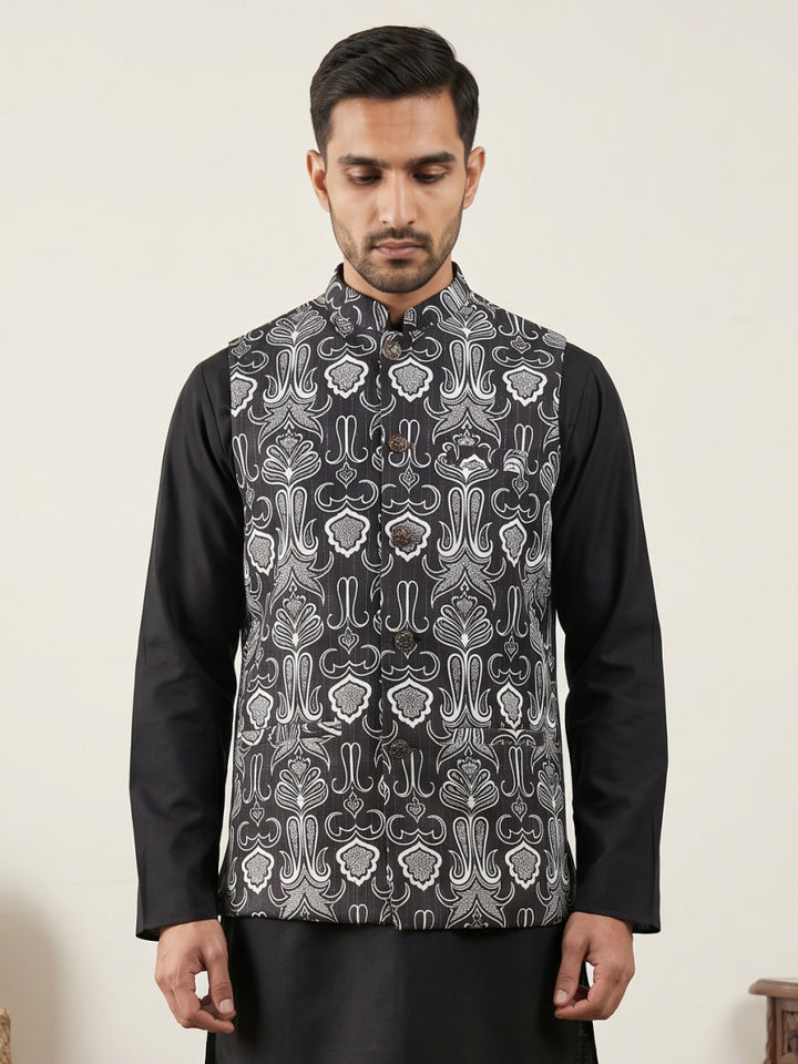 Geometric Motif Printed Cotton Blend Nehru Jacket