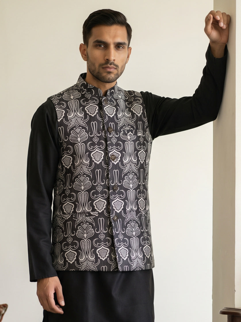 Geometric Motif Printed Cotton Blend Nehru Jacket