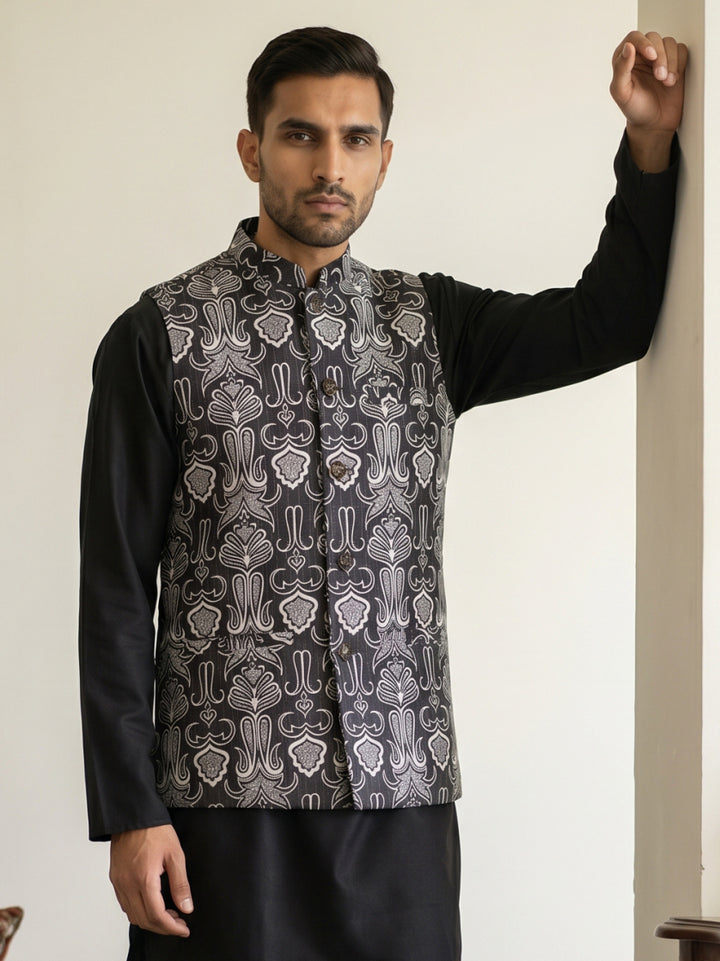 Geometric Motif Printed Cotton Blend Nehru Jacket