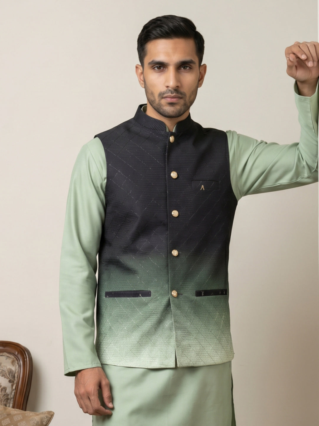 Ombre Textured Cotton Blend Nehru Jacket
