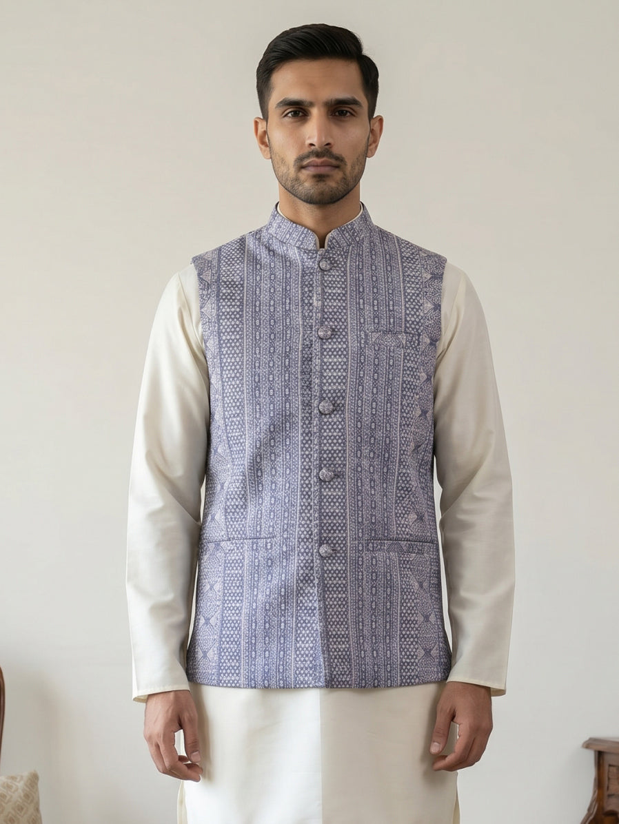 Traditional Woven Design Cotton Blend Nehru Jacket