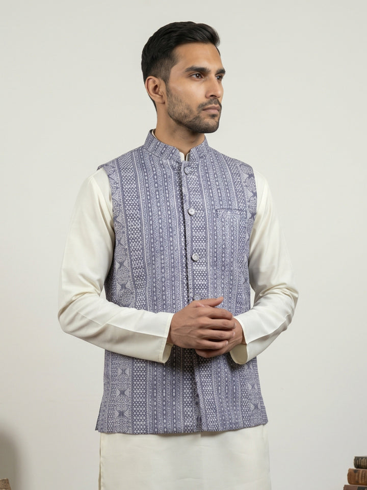 Traditional Woven Design Cotton Blend Nehru Jacket