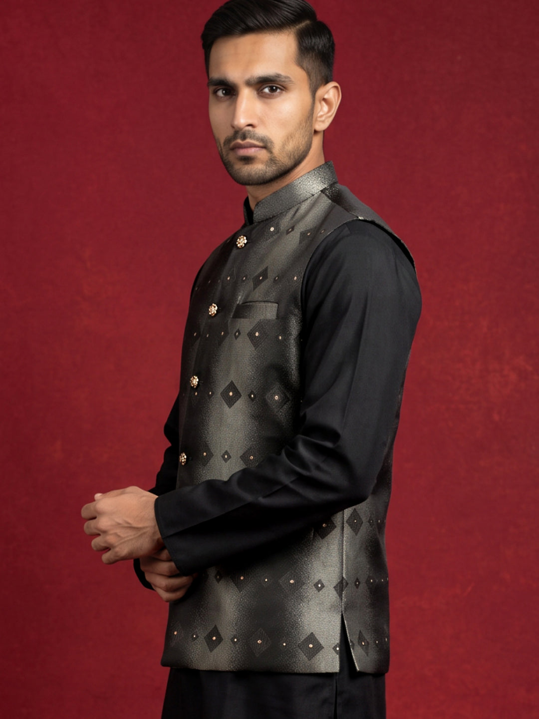 Men Jacquard Woven Design Nehru Jacket