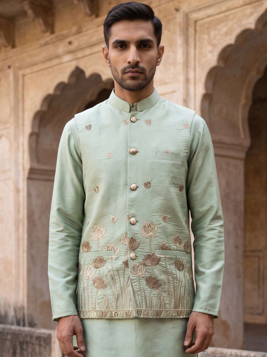 Men Silk Blend Embroidered Nehru Jacket
