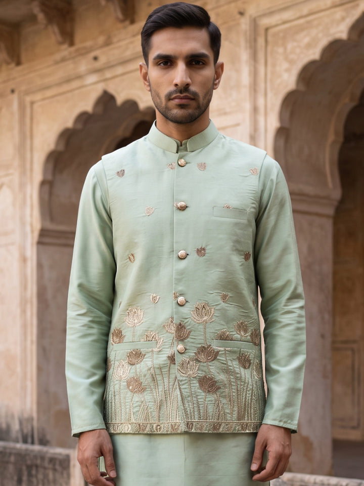 Men Silk Blend Embroidered Nehru Jacket