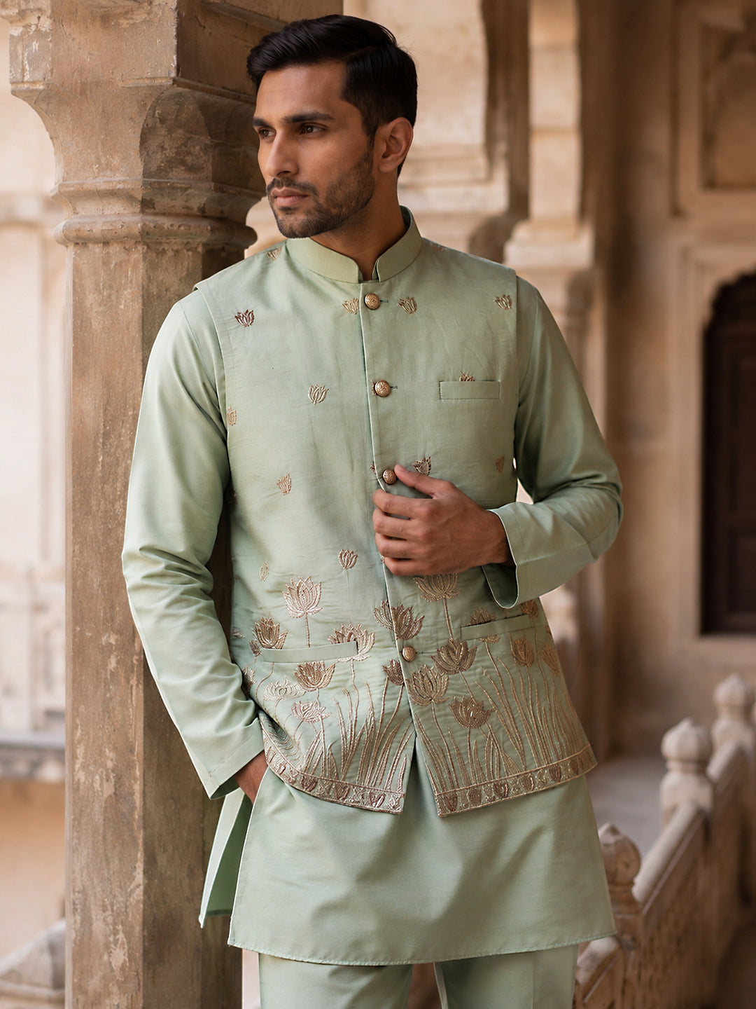 Men Silk Blend Embroidered Nehru Jacket