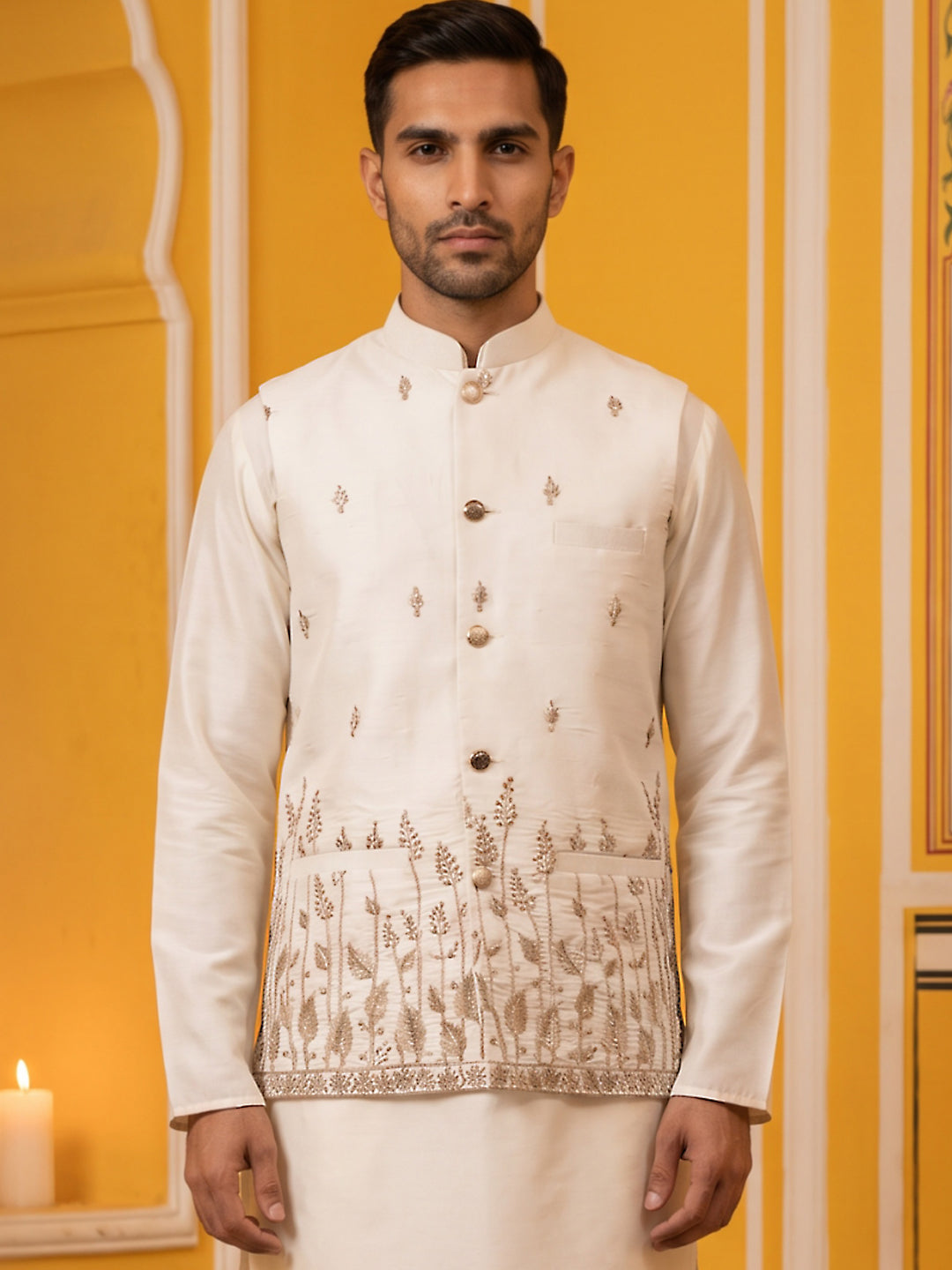 Men Silk Blend Embroidered Nehru Jacket
