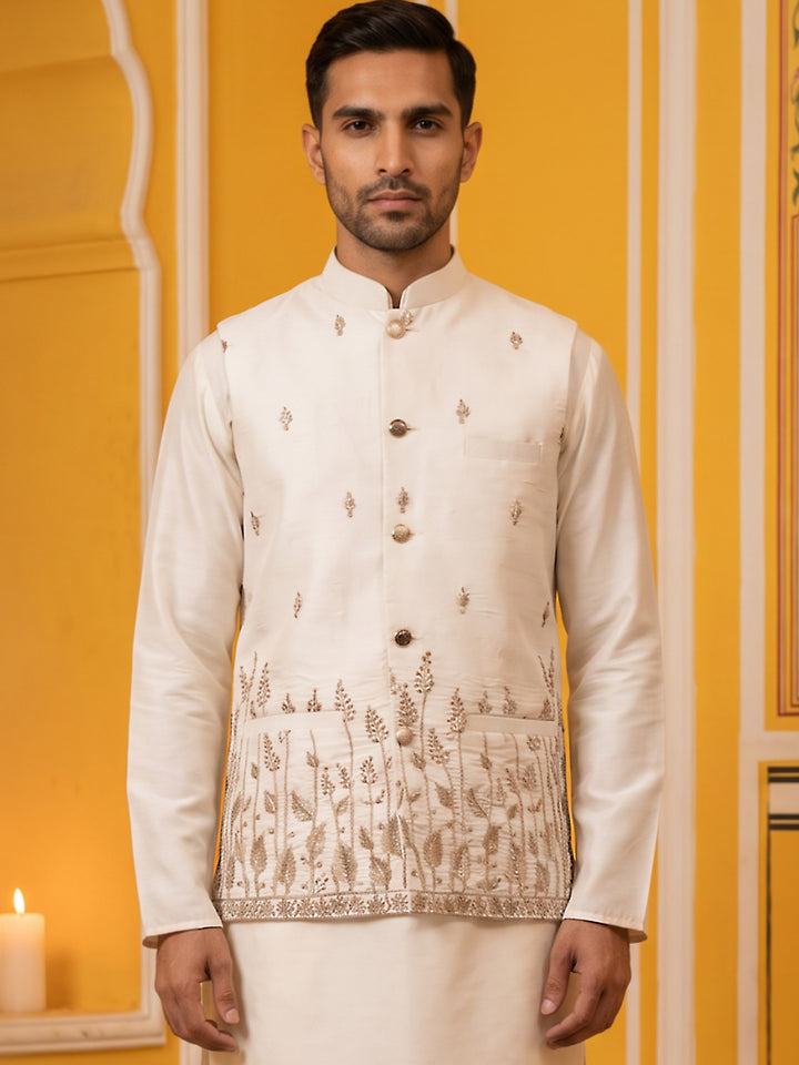 Men Silk Blend Embroidered Nehru Jacket