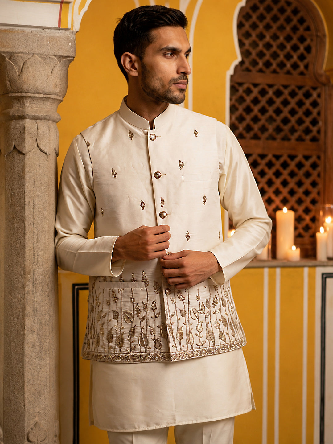 Men Silk Blend Embroidered Nehru Jacket