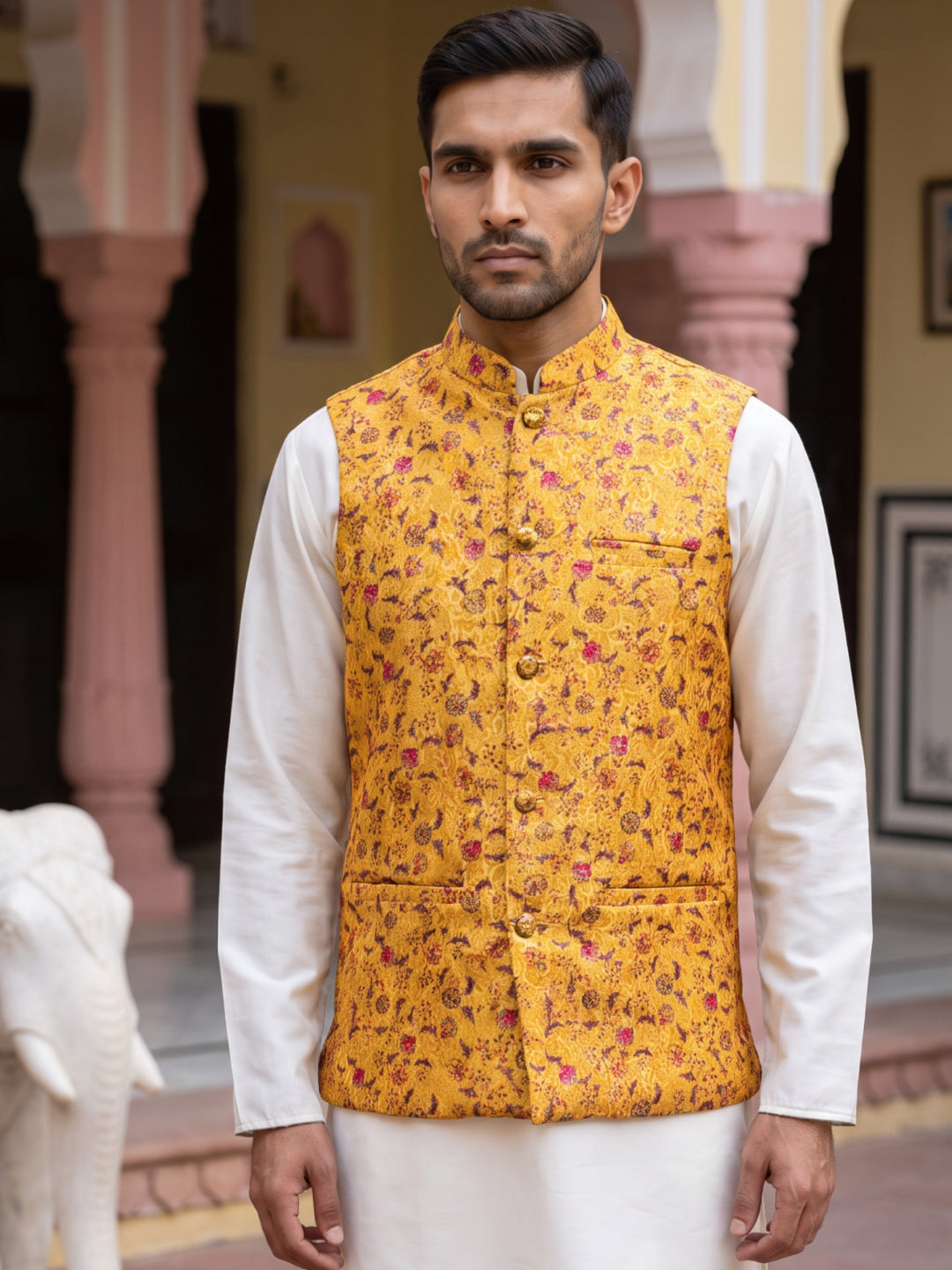 Men Jacquard Woven Design Nehru Jacket