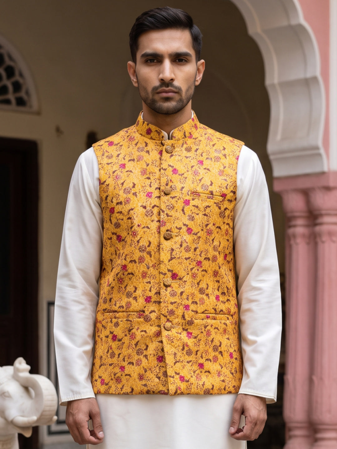 Men Jacquard Woven Design Nehru Jacket