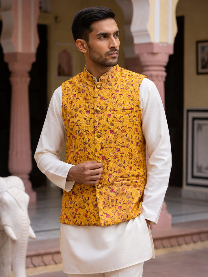 Men Jacquard Woven Design Nehru Jacket