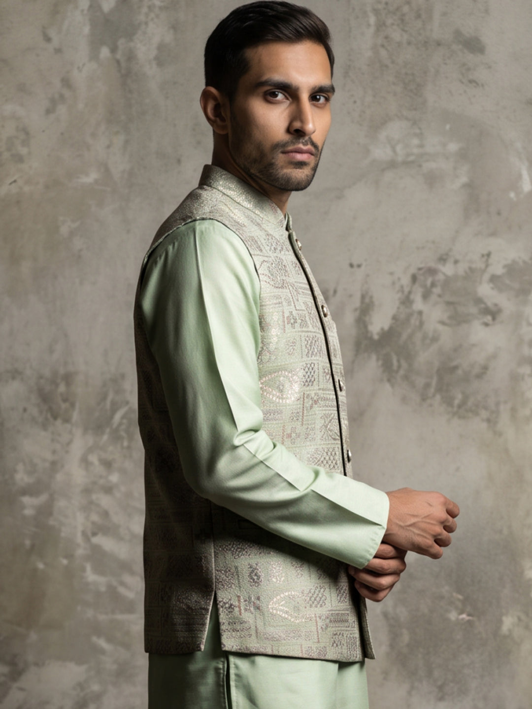 Men Jacquard Woven Design Nehru Jacket