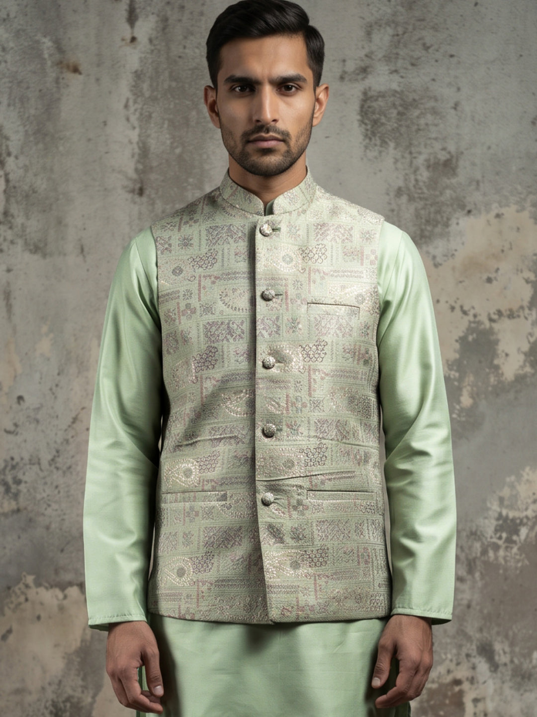 Men Jacquard Woven Design Nehru Jacket