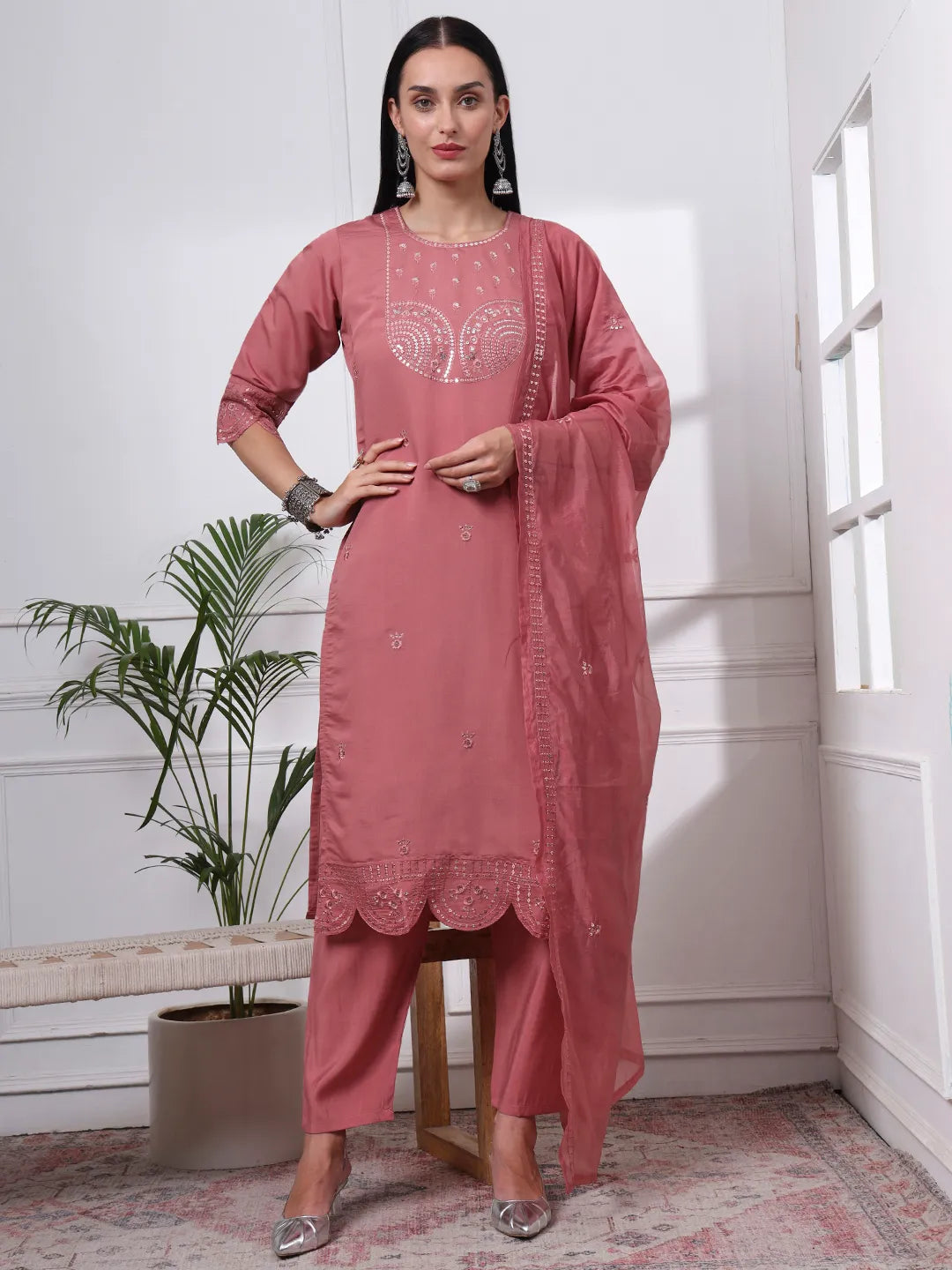 Mauve Silk Blend Straight Kurta Dupatta Pant Set Cotton Lining Kurta