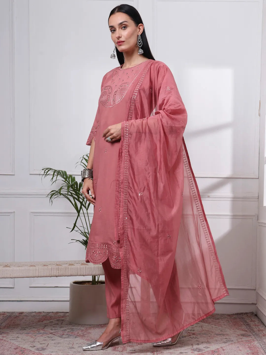 Mauve Silk Blend Straight Kurta Dupatta Pant Set Cotton Lining Kurta