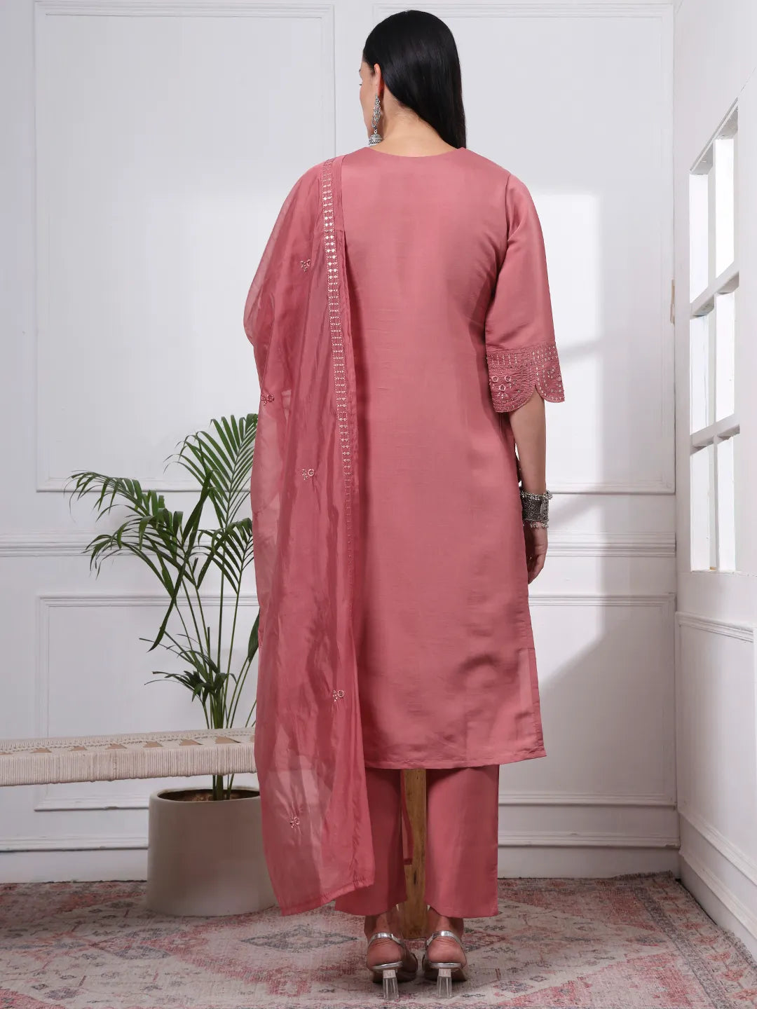 Mauve Silk Blend Straight Kurta Dupatta Pant Set Cotton Lining Kurta
