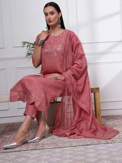 Mauve Silk Blend Straight Kurta Dupatta Pant Set Cotton Lining Kurta