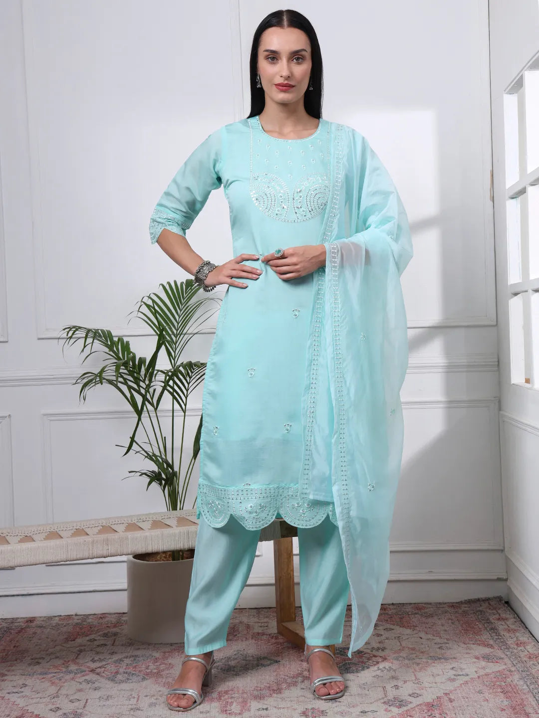 Sky Blue Silk Blend Straight Kurta Dupatta Pant Set Cotton Lining Kurta