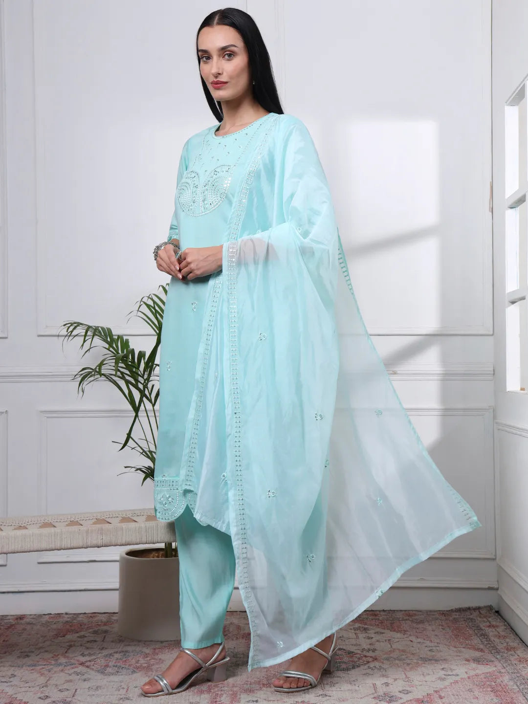 Sky Blue Silk Blend Straight Kurta Dupatta Pant Set Cotton Lining Kurta