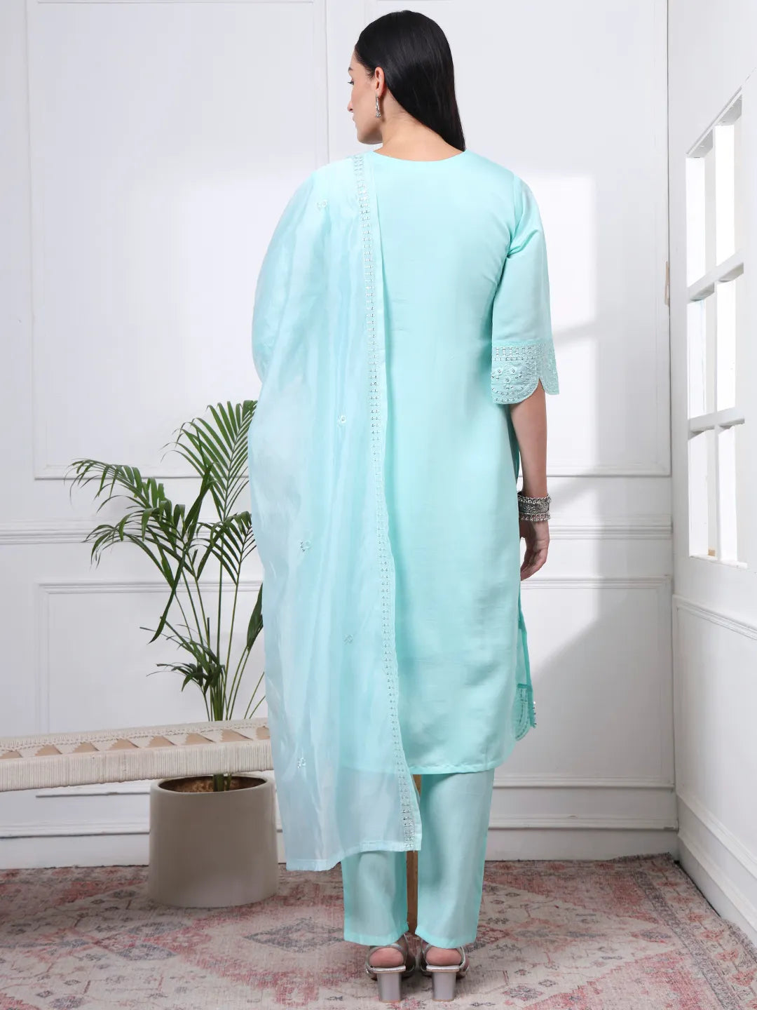 Sky Blue Silk Blend Straight Kurta Dupatta Pant Set Cotton Lining Kurta