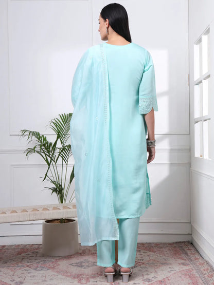 Sky Blue Silk Blend Straight Kurta Dupatta Pant Set Cotton Lining Kurta