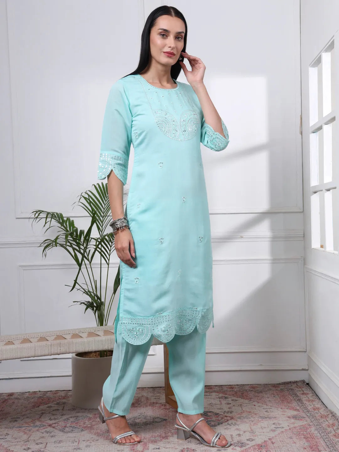 Sky Blue Silk Blend Straight Kurta Dupatta Pant Set Cotton Lining Kurta