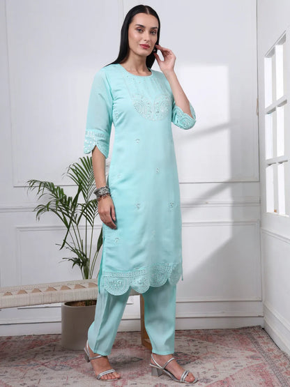 Sky Blue Silk Blend Straight Kurta Dupatta Pant Set Cotton Lining Kurta