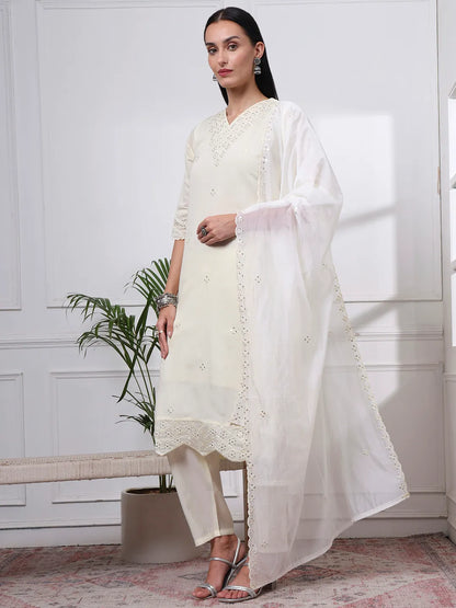Cream Silk Blend Straight Kurta Dupatta Pant Set Cotton Lining Kurta