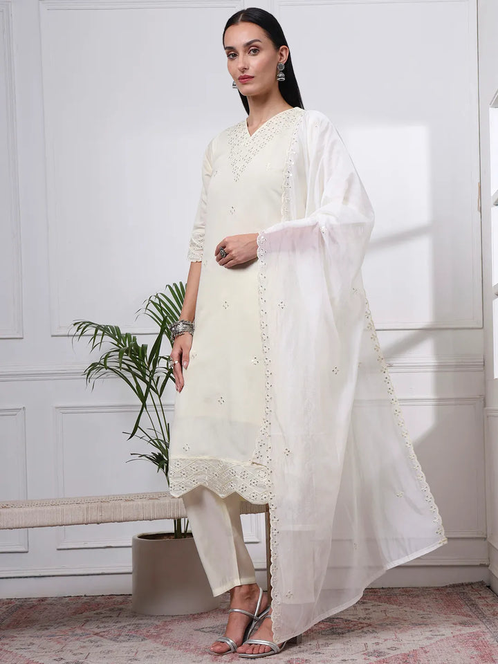 Cream Silk Blend Straight Kurta Dupatta Pant Set Cotton Lining Kurta