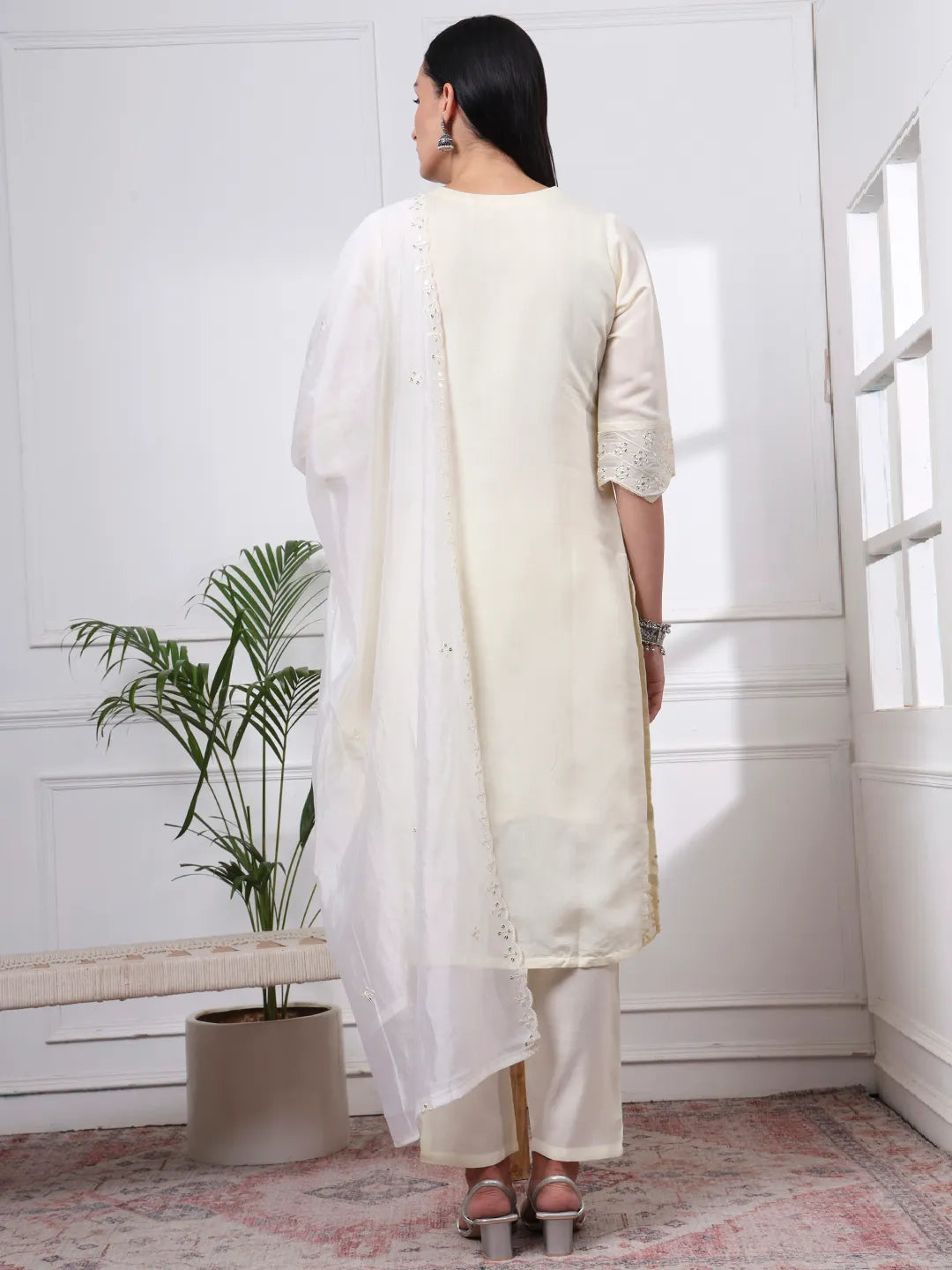 Cream Silk Blend Straight Kurta Dupatta Pant Set Cotton Lining Kurta