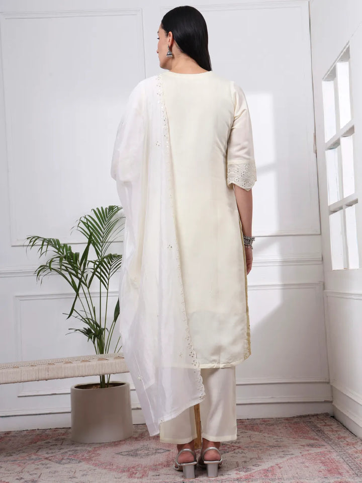 Cream Silk Blend Straight Kurta Dupatta Pant Set Cotton Lining Kurta