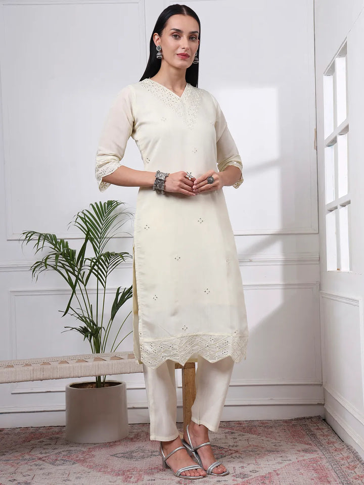 Cream Silk Blend Straight Kurta Dupatta Pant Set Cotton Lining Kurta