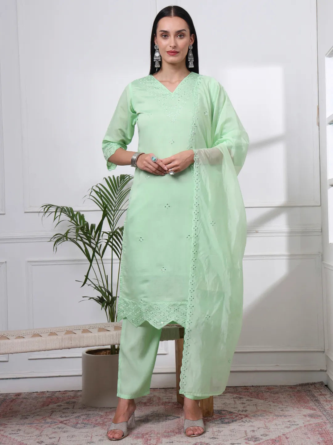 Pastel Green Silk Blend Straight Kurta Dupatta Pant Set Cotton Lining Kurta