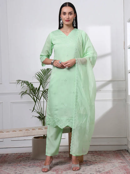 Pastel Green Silk Blend Straight Kurta Dupatta Pant Set Cotton Lining Kurta