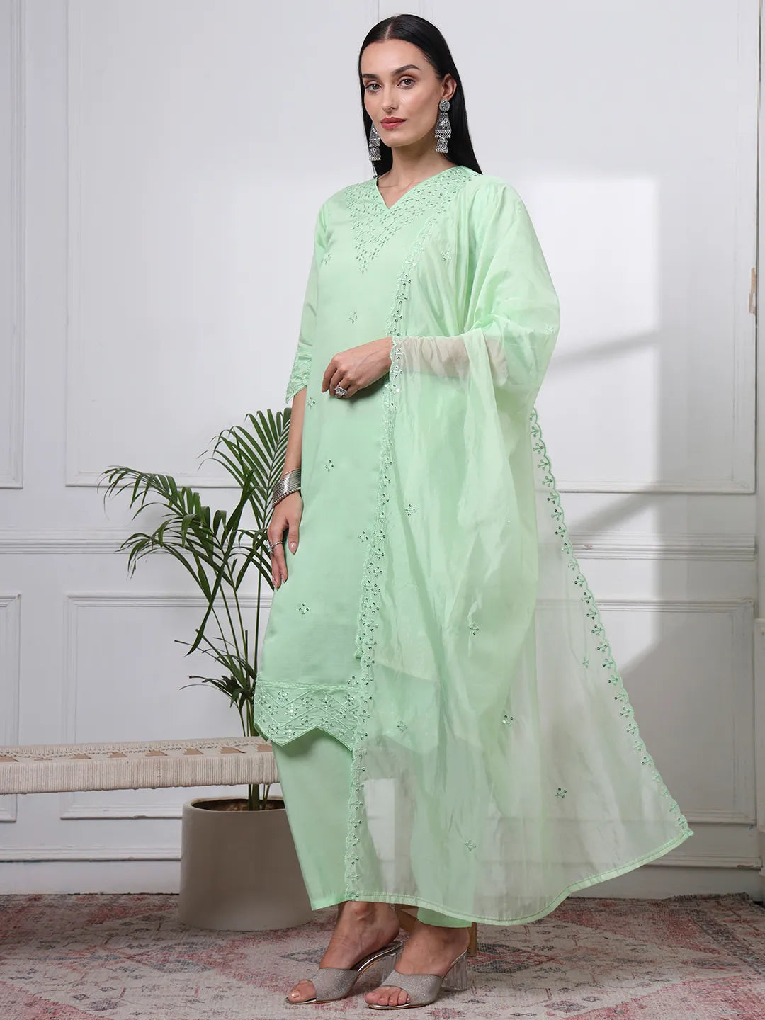 Pastel Green Silk Blend Straight Kurta Dupatta Pant Set Cotton Lining Kurta