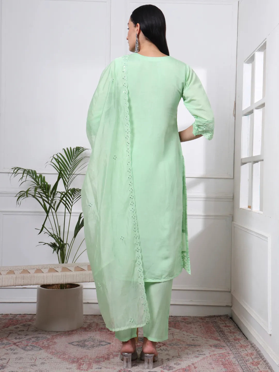 Pastel Green Silk Blend Straight Kurta Dupatta Pant Set Cotton Lining Kurta