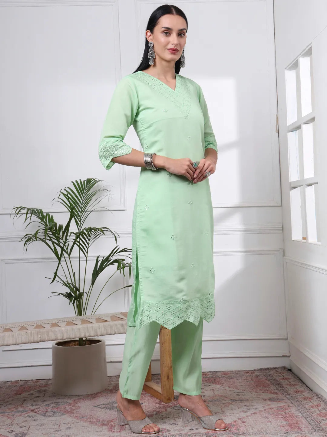 Pastel Green Silk Blend Straight Kurta Dupatta Pant Set Cotton Lining Kurta