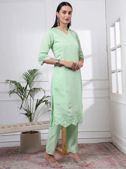 Pastel Green Silk Blend Straight Kurta Dupatta Pant Set Cotton Lining Kurta