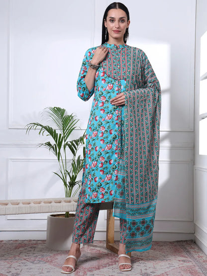 Turquoise Blue Cotton Blue Straight Kurta Dupatta Pant Set